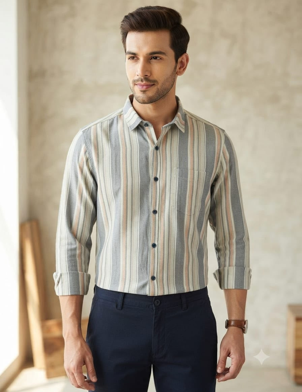 Premium Cotton Striped Shirt for Men – Full Sleeve with Matching Buttons