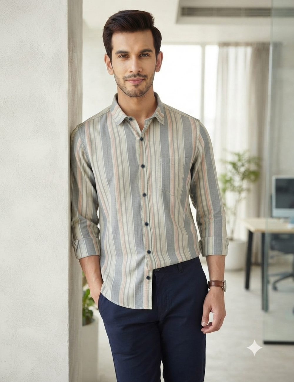 Premium Cotton Striped Shirt for Men – Full Sleeve with Matching Buttons