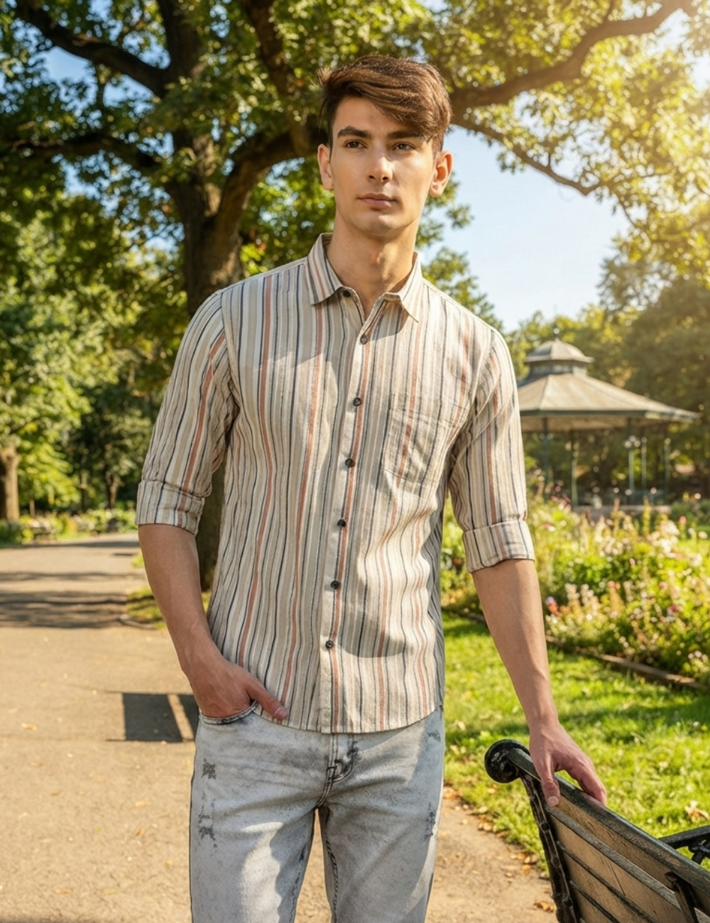 Premium Cotton Striped Shirt for Men – Full Sleeve with Matching Buttons