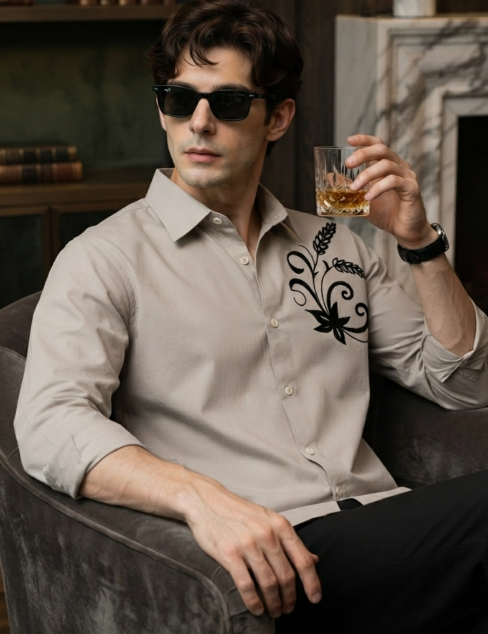 Premium Imported Fabric Shirt with Velvet Floral Embroidery – Full Sleeve Men’s Shirt