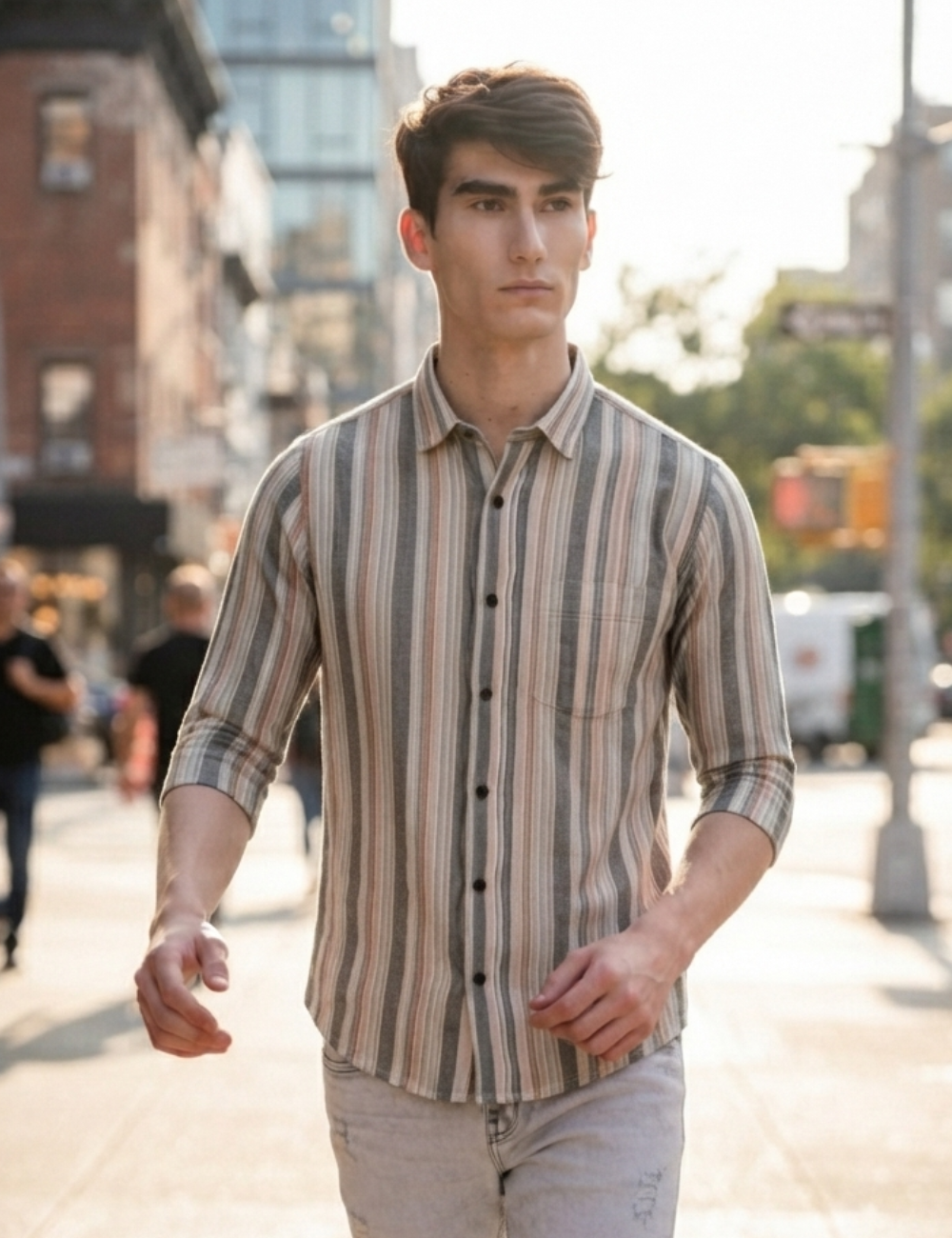 Premium Cotton Striped Shirt for Men – Full Sleeve with Matching Buttons