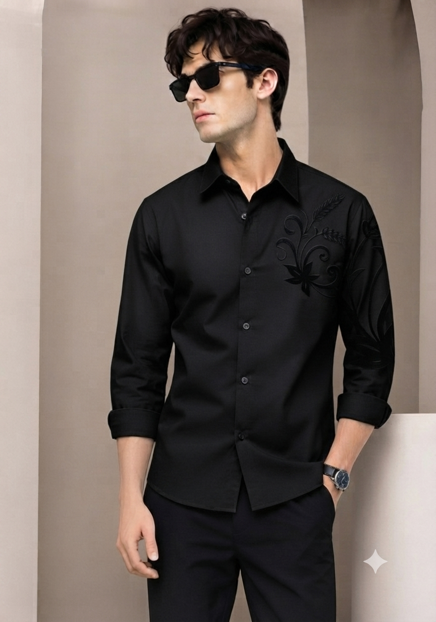 Premium Imported Fabric Shirt with Velvet Floral Embroidery – Full Sleeve Men’s Shirt