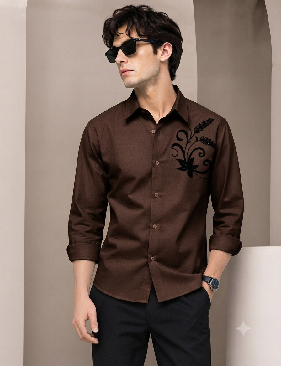 Premium Imported Fabric Shirt with Velvet Floral Embroidery – Full Sleeve Men’s Shirt