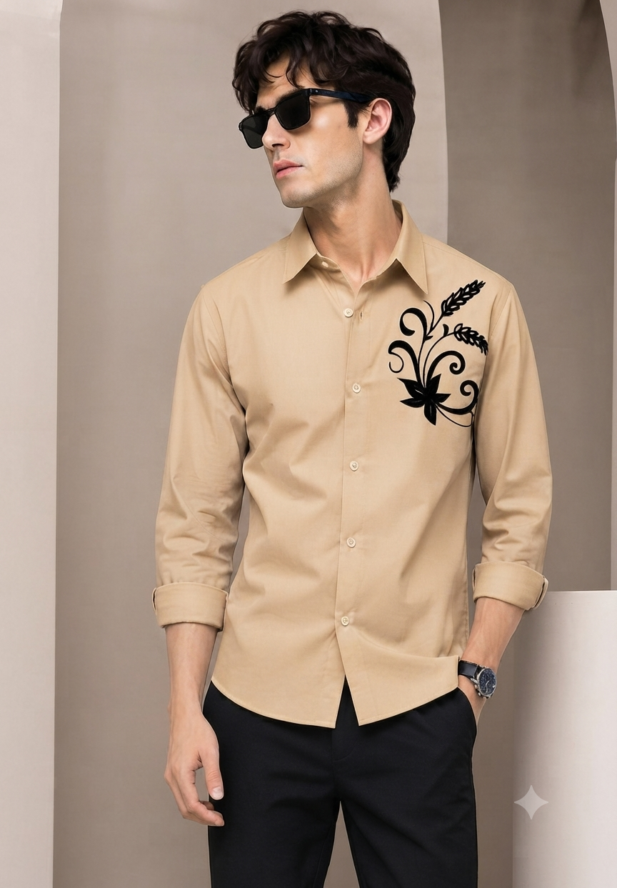 Premium Imported Fabric Shirt with Velvet Floral Embroidery – Full Sleeve Men’s Shirt