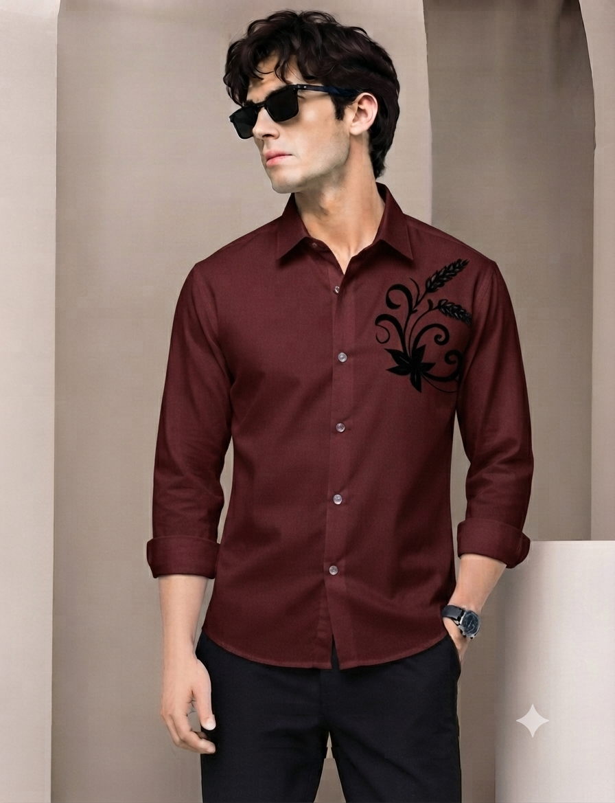 Premium Imported Fabric Shirt with Velvet Floral Embroidery – Full Sleeve Men’s Shirt