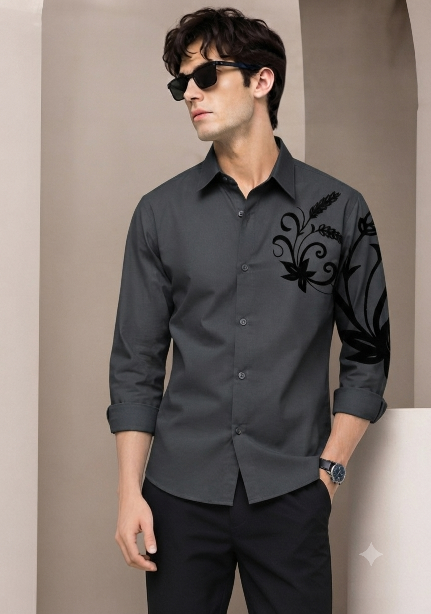 Premium Imported Fabric Shirt with Velvet Floral Embroidery – Full Sleeve Men’s Shirt
