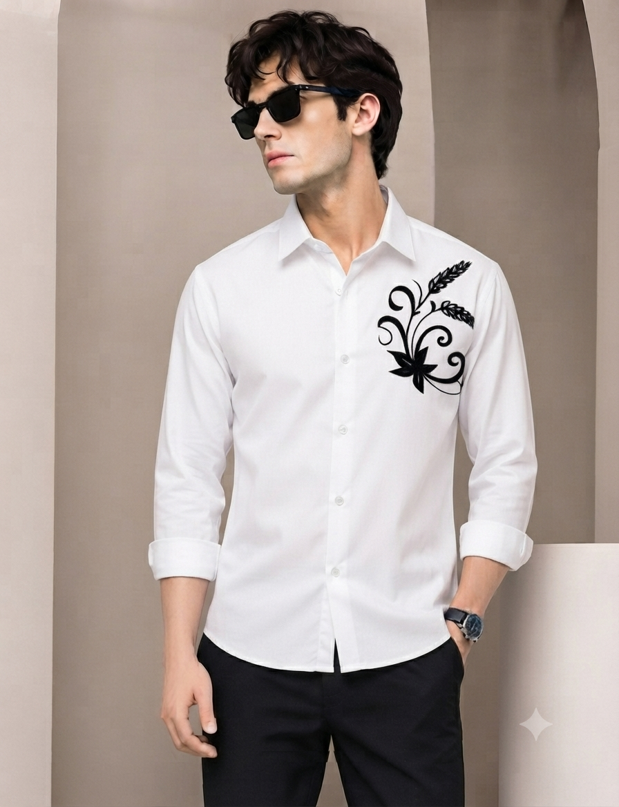 Premium Imported Fabric Shirt with Velvet Floral Embroidery – Full Sleeve Men’s Shirt